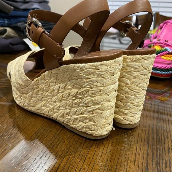 Prada Crisscross Raffia Wedge High Heel Sandal Beige EU 37 - Picture 3 of 7